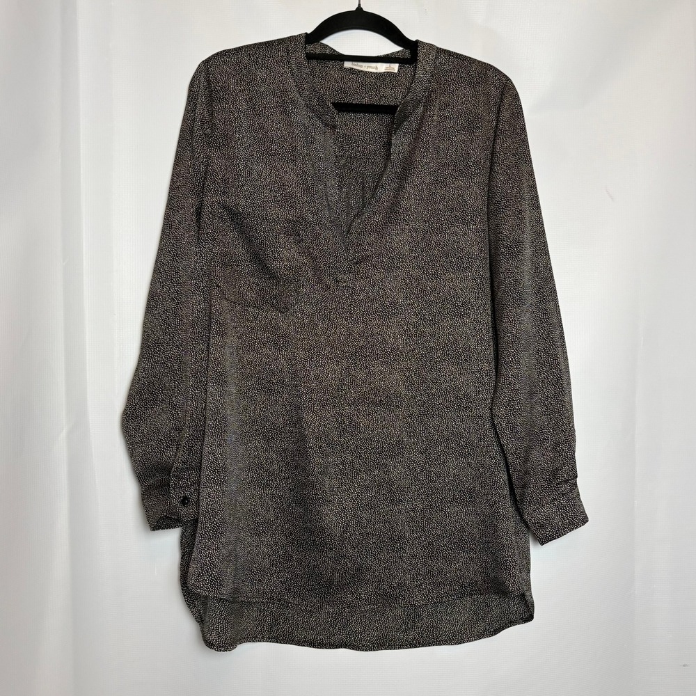 Bishop + Young Women's L Black & Beige Polka Dot V Neck Long Sleeve Tunic Blouse